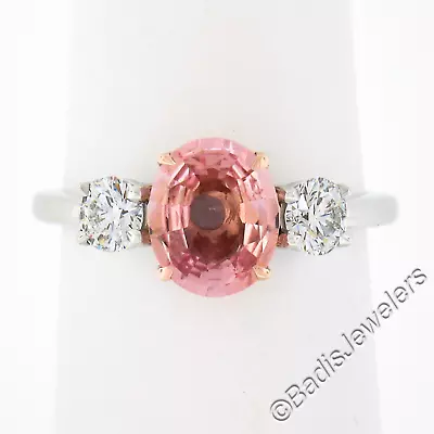 Platinum & 14K Gold GIA Padparadscha Sapphire & Diamond 3 Stone Engagement Ring • $4798.40