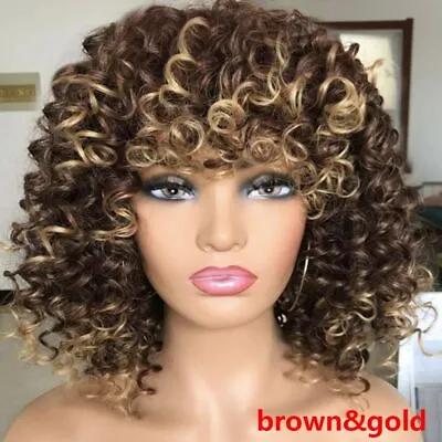 Hair Cosplay Synthetic Wigs Afro Kinky Curly Full Wig With Bangs Short Wig • £10.84