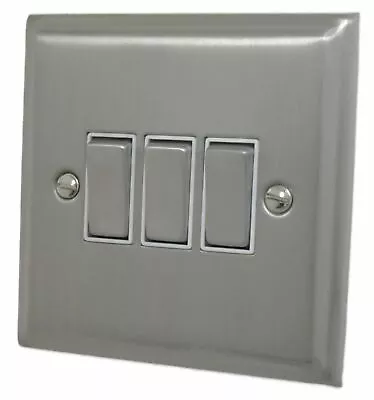 G&H DSN203 Deco Plate Satin Nickel 3 Gang 1 Or 2 Way Rocker Light Switch • £21.80