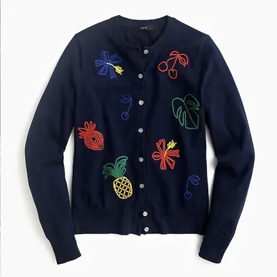 J.Crew Embroidered Fruit Cotton Jackie Cardigan Sweater-J0197-navy-XSSM-NWT • $43.99