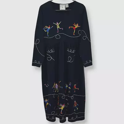 Michael Simon Lite Women Dress Large Black Vintage Ice Skater Embroidered Art 90 • $22.74