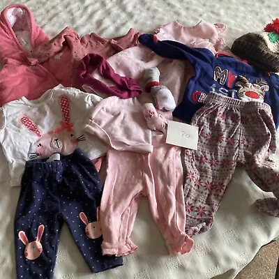 (80) 0-3 Month Girl Bundle Jacket Dress Socks Pjs Hat Sleep Suit Trs Top • £3