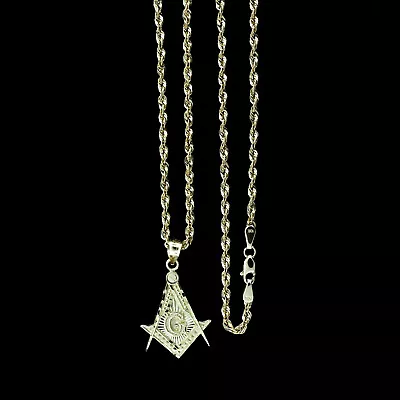 Real 10K Gold Diamond Cut Freemason Masonic Pendant With 2.5mm Rope Chain • $119.99