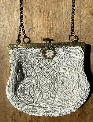 Vintage White Beaded Small Evening Bag From Belgium • $14