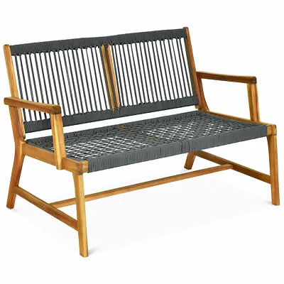 Garden Acacia Wooden Bench Chair Outdoor Patio Rope Loveseat Seating Furniture • £89.95