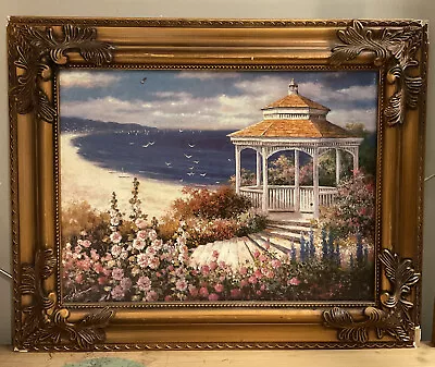 Vintage T.C. Chiu Gazebo On The Beach Print Ornate Wood Frame 20.5 X 17 Inches • $23.18