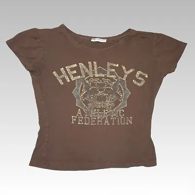 Vintage Y2K Henleys Tee Womens Medium T-shirt Brown Gold Print Drape Write Out • £15