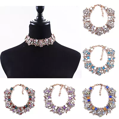 Bib Necklace Collar Rhinestone Flowers Choker Crystal Ornaments Chunky Statement • £8.48