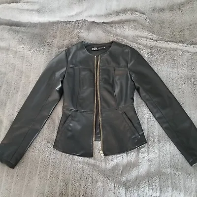 EUC Zara Jacket SZ Small (S) Women's Black Zip-Up Collarless Faux Leather Blazer • $24.99