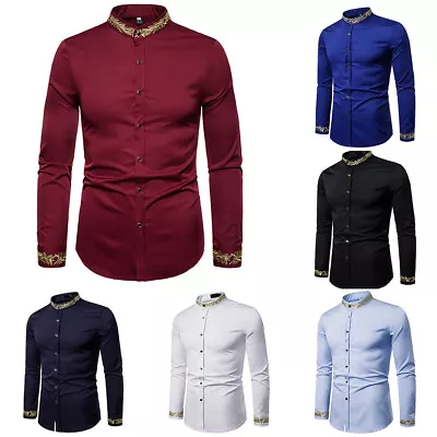 Mens Formal Shirt Long Sleeve Business Mandarin Collar Elegant Shirts Casual • $22.89