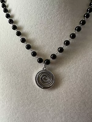 Spiral Pendant Necklace Swirl Vortex Silver Brand New Unisex Black Beads • $12.72