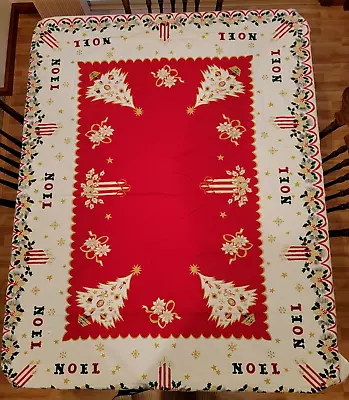 Vintage Christmas Tablecloth Xmas Noel Christmas Trees Gold Pine Cone Star 52x65 • $75