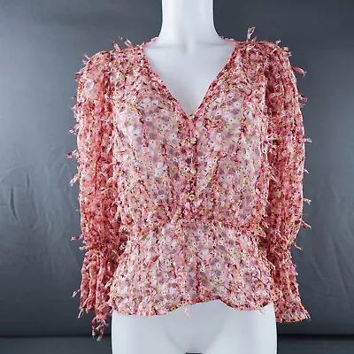 Zara Womens Top Small Pink Ditzy Floral Coastal Cottage Sheer Boho Peplum • $19.97