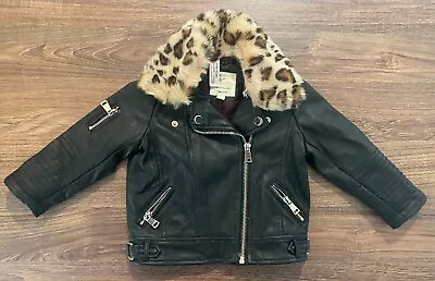 RIVER ISLAND MINI Girls Baby Black Leather Biker Jacket 12-18 Months • £5