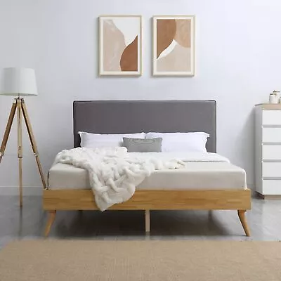 $359 • Buy Natural Oak Ensemble Bed Frame With Wooden Slats And Fabric Headboard