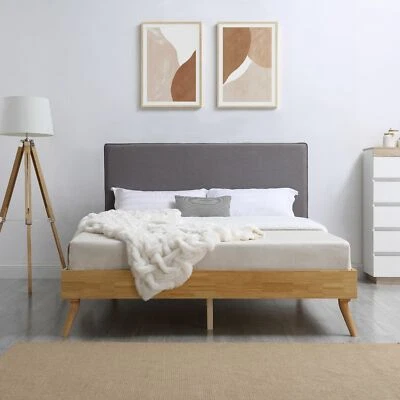 $341.10 • Buy Natural Oak Ensemble Bed Frame With Wooden Slats And Fabric Headboard
