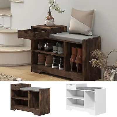 Shoe Bench With Drawer Shelves And Seating Cushion For Entryway Hallway • £55.99