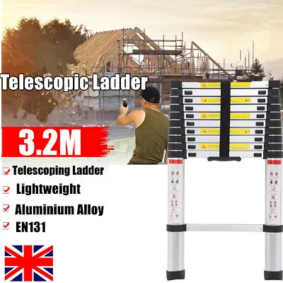 3.2M Multi Function Aluminium Telescopic Ladder Extension Extendable 11 Steps UK • £56.79