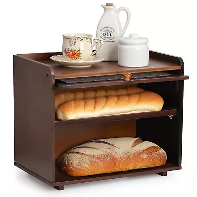 Large Bamboo Bread Box 2 Layer Rustic Bread Storage Box With Window Wooden ... • $49.77