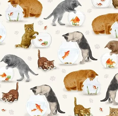 Feline Drive Fabric YOU HAD ME AT MEOW Cats & Fishbowls Cream Sold By The Yard • £13.03