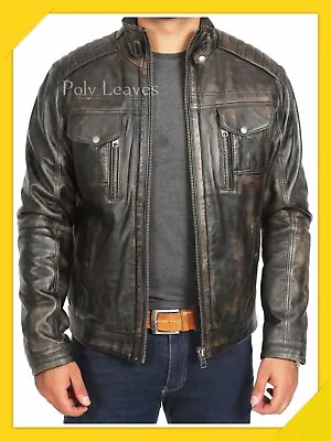 Vintage Retro Men's Washed Fitted Biker-Style Leather Jacket With Rub-Off Zip • $115