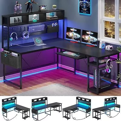 L Shaped Desk With LED Lights Home Office Computer Desk With Storage Shelves • $179.89