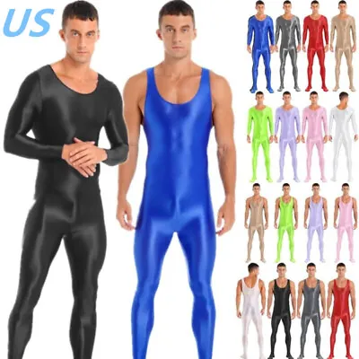 US Mens Glossy Sleeveless Bodysuit Solid Color Jumpsuits Unitard Body Stocking • $7.69