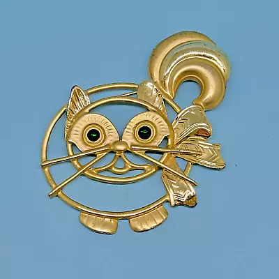 $14 • Buy Vintage Estate Large Matte Shiny Gold Tone Green Eye Cat Brooch Pin Jewelry ~ 3 