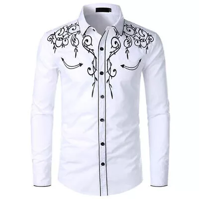 Mens Western Cowboy Shirt Long Sleeve Retro Embroidery Casual Buttons Down Shirt • $14.35