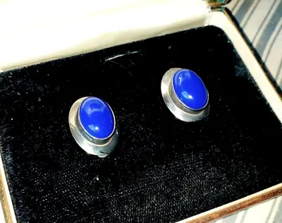 Vintage Sterling Silver Southwestern LAPIS LAZULI Earrings WIDE BEZELS Clip Ons • $28