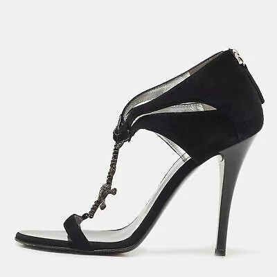 Giuseppe Zanotti Black Suede Crystal Embellished T-Strap Sandals Size 37 • $115.50