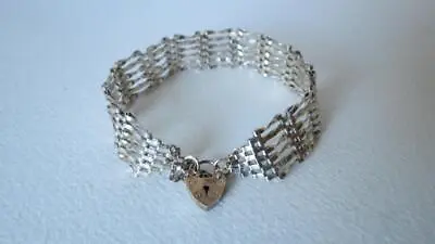 Vintage Sterling Silver 6 Twist Bar Gate Bracelet Heart Padlock Clasp Bracelet • £30