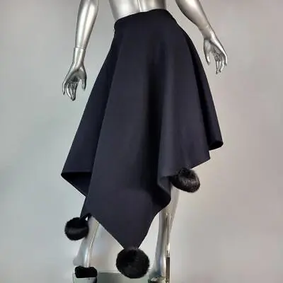 Nwt~$1245~marni~38-xs/s~navy Black Asymmetrical Wool Skirt Real Fur Pom Poms • $245