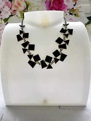 DG Tag Dark Gold Tone Necklace Funky Black Enamel Design 47cm Long • £6