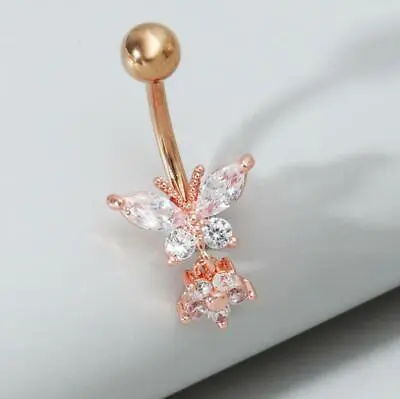 Butterfly Zircon Belly Button Bars Navel Bar Rings Crystal Flower Dangle Jewelry • £1.91