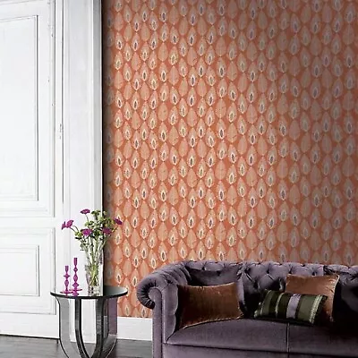 Arthouse Glam Feather Wallpaper Leaves Orange Metallic Cream Gold Purple Leaf • £6.26