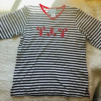 NWT Quacker Factory Black White Stripe Shirt Red Lobsters COTTON Embroidered M • $5