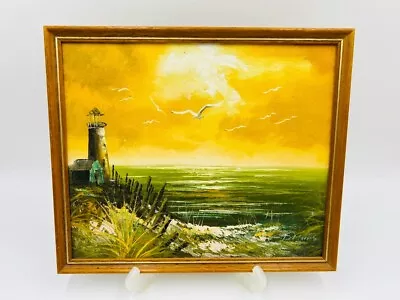 Vintage Framed Oil Painting Of Lighthouse Beach Sunset Seagull SIGNED 33 X 28cm • $54