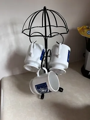 4 Vintage Morton Salt Umbrella Girl Coffee Mugs /Cups With Metal Umbrella Stand  • $20