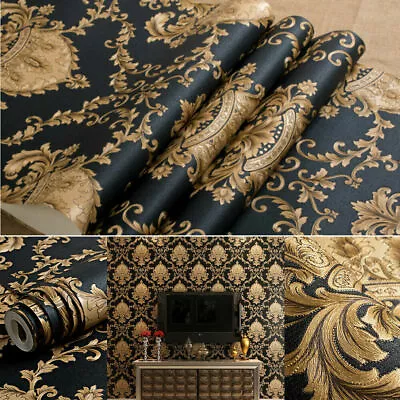 Black & GoldLuxury 3D Vinyl Wallpaper Wall Paper Rolls Textured Metallic Damask • $18.49