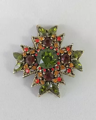 Vintage Multicolor Rhinestone Gold Tone Maltese Cross Brooch Pin • $49.99