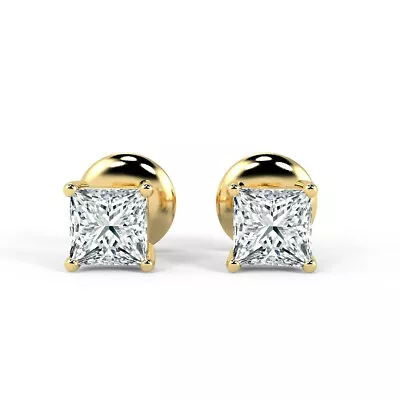 0.50 Carat Natural Princess Cut Diamond Stud Earring In Yellow Gold - Push Back • £599