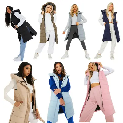 Hooded Womens Ladies Long Line Puffer Gilet Padded Vest Top Body Warmer Jacket • £36.49