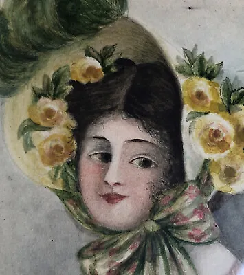 £270.55 • Buy Antique Georgian  Portrait Watercolor Lady In Roses Bonnet Wavy Glass