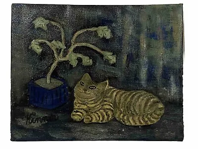 Vintage Kinner Signed Original Outsider Art Painting Of A Relaxing Cat O/B • $149