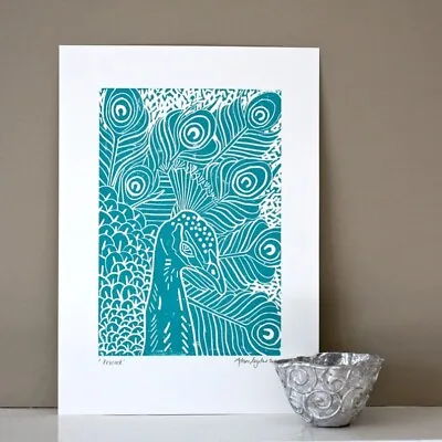 Teal Peacock Portrait Linocut Art Print (A4/Unframed/Signed) • £12.95