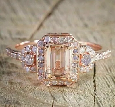 Halo Engagement Ring In Emerald Cut Lab Created Morganite & 14k Rose Gold Plated • $175.61