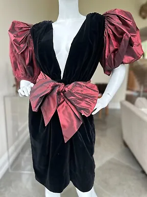 Yves Saint Laurent Rive Gauche Vintage 80's Velvet Dress Taffeta Sleeves & Belt • $700