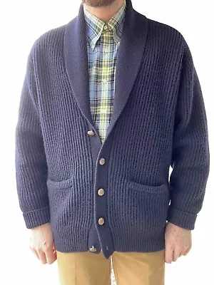 Vintage Greenwich Mens Navy Blue 100% Wool Shawl Collar Cardigan Men's Size XL • $49.99