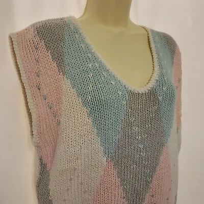 Milky Way Hand Knit Shaker Knit VTG 1980s Argyle Sleeveless Sweater Vest Sz M  • $14.25